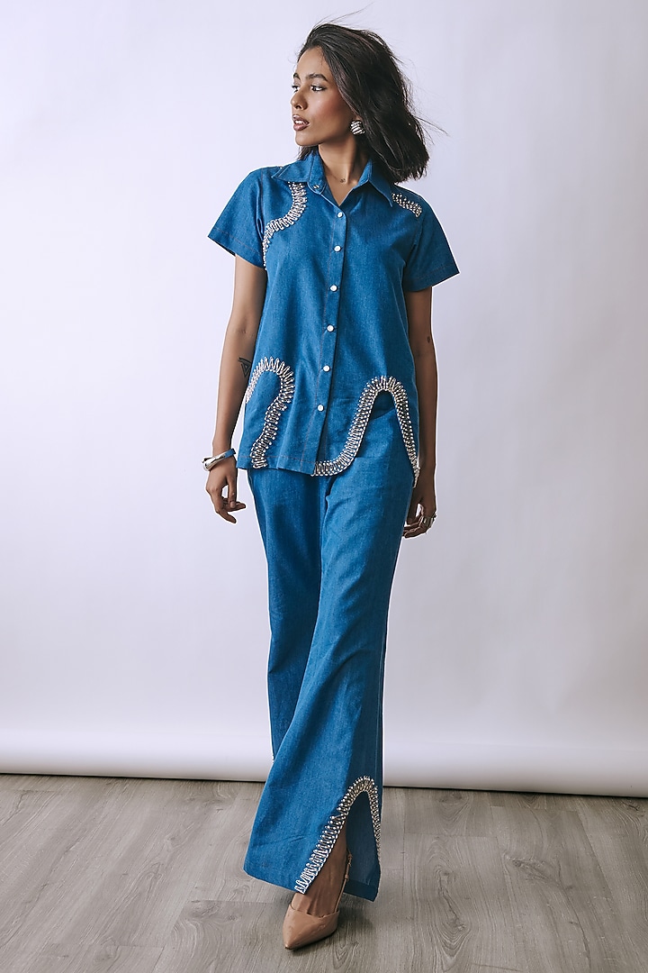 Riviera Blue Denim Embellished Co-Ord Set by Babita Malkani at Pernia's Pop Up Shop