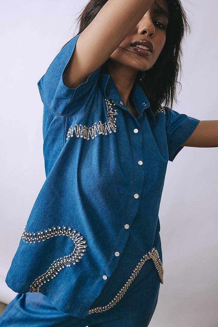 Riviera Blue Denim Embellished Co-Ord Set by Babita Malkani at Pernia's Pop Up Shop