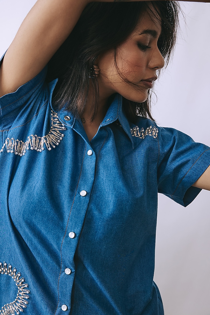 Riviera Blue Denim Embellished Co-Ord Set by Babita Malkani at Pernia's Pop Up Shop