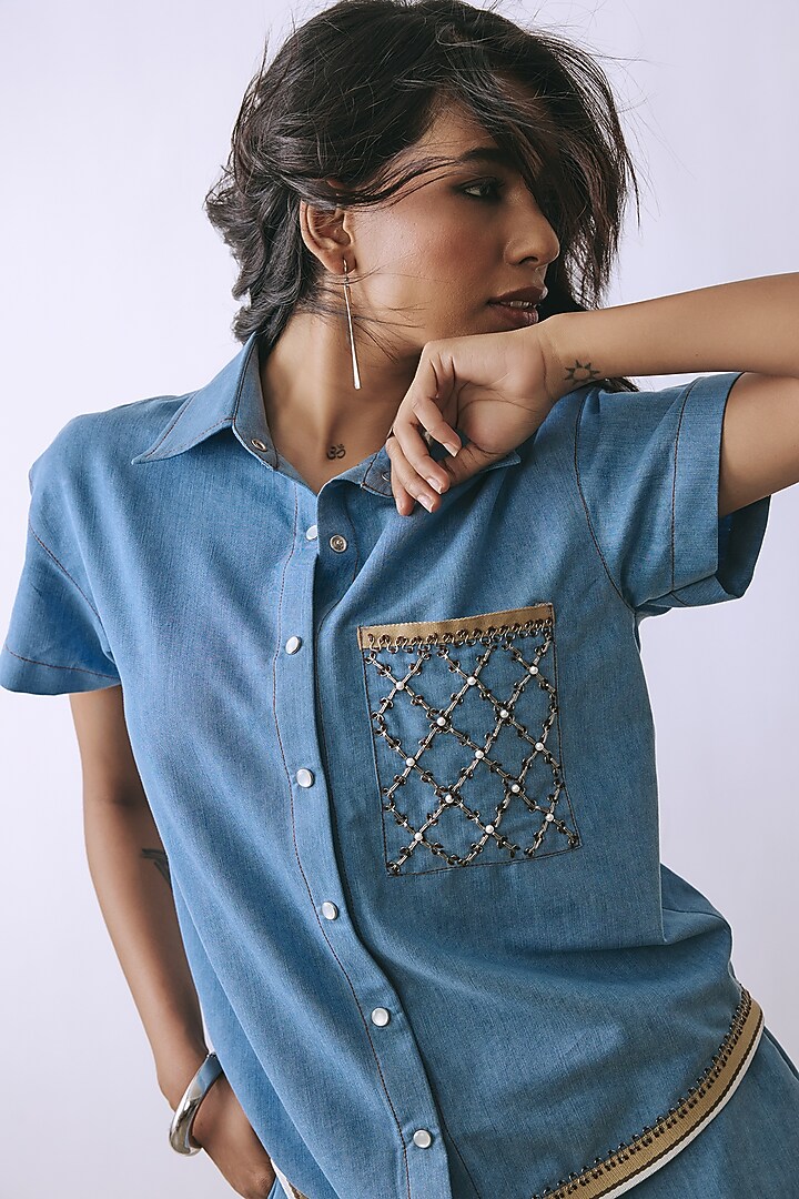 Ice Wash Denim Embellished Co-Ord Set by Babita Malkani at Pernia's Pop Up Shop