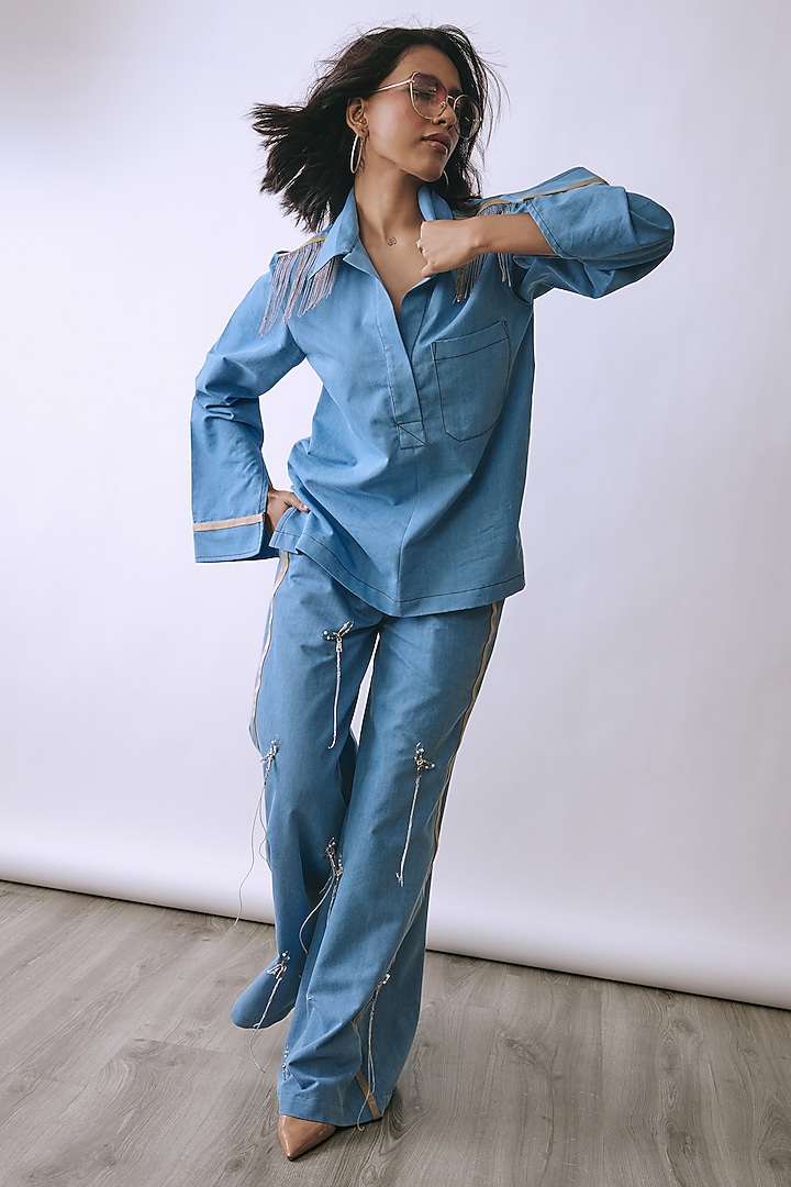 Powder Blue Denim Embellished Co-Ord Set by Babita Malkani at Pernia's Pop Up Shop