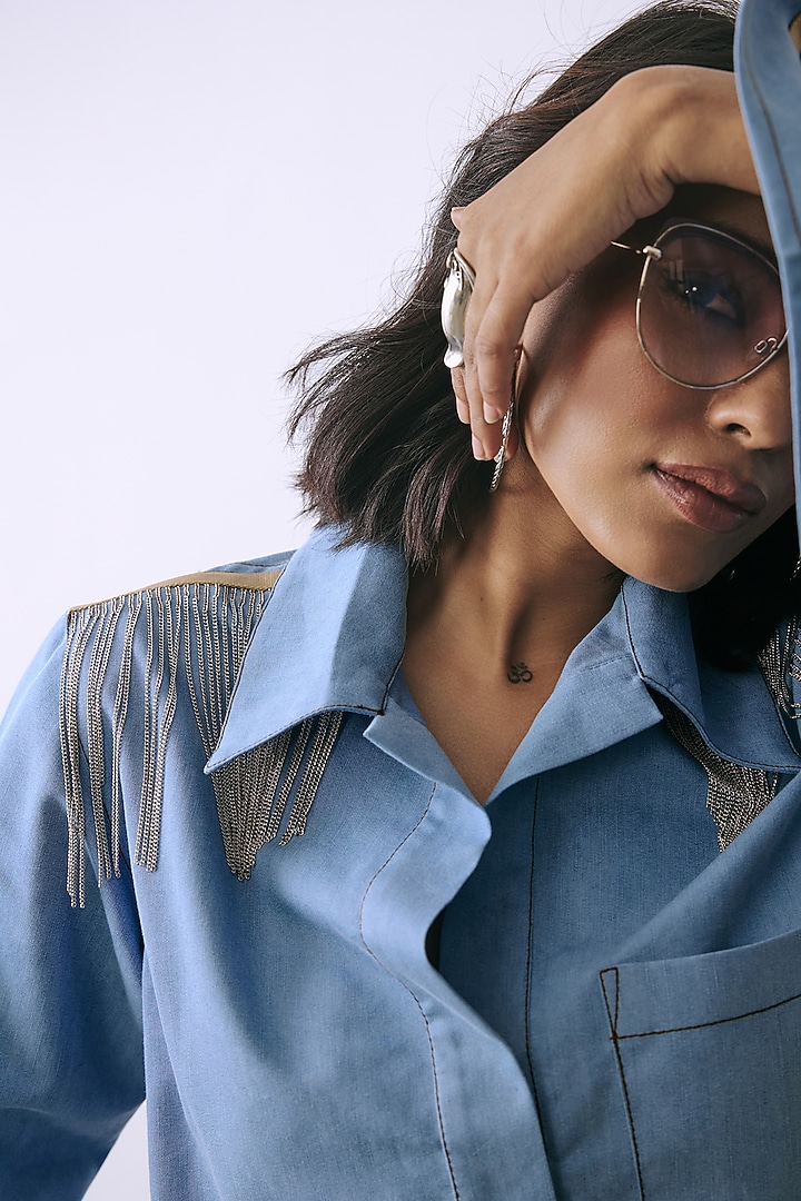 Powder Blue Denim Embellished Co-Ord Set by Babita Malkani at Pernia's Pop Up Shop