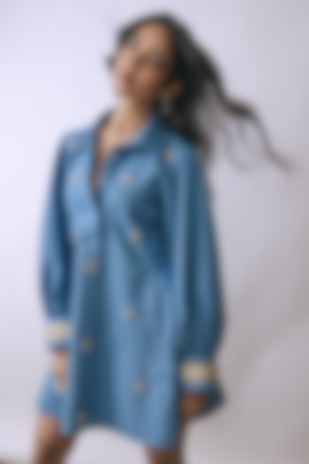 Ice Wash Denim Pearl & Floral Embellished Mini Summer Dress by Babita Malkani at Pernia's Pop Up Shop
