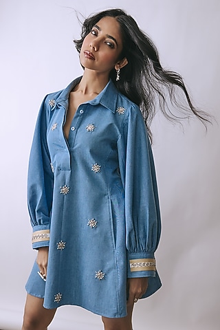 Ice Wash Denim Pearl & Floral Embellished Mini Dress by Babita Malkani