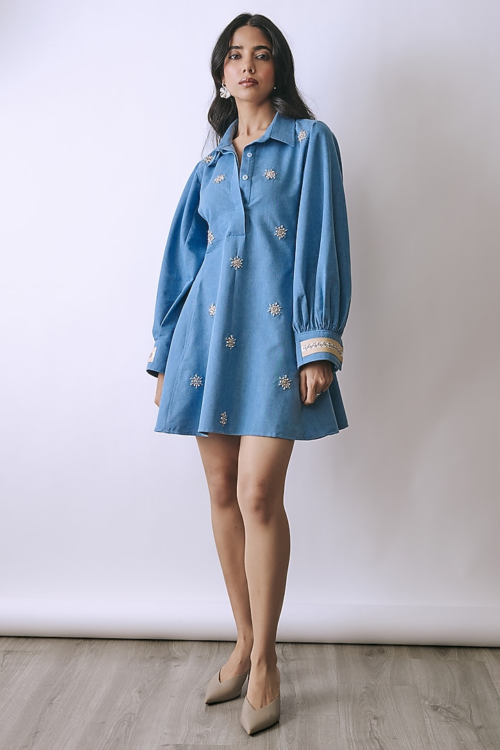 Ice Wash Denim Pearl & Floral Embellished Mini Summer Dress by Babita Malkani at Pernia's Pop Up Shop