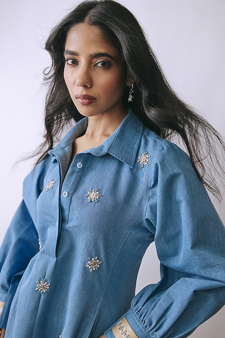 Ice Wash Denim Pearl & Floral Embellished Mini Summer Dress by Babita Malkani at Pernia's Pop Up Shop