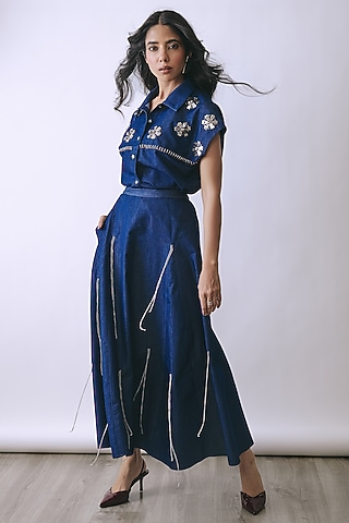 Deep Indigo Denim Embellished Skirt Set by Babita Malkani