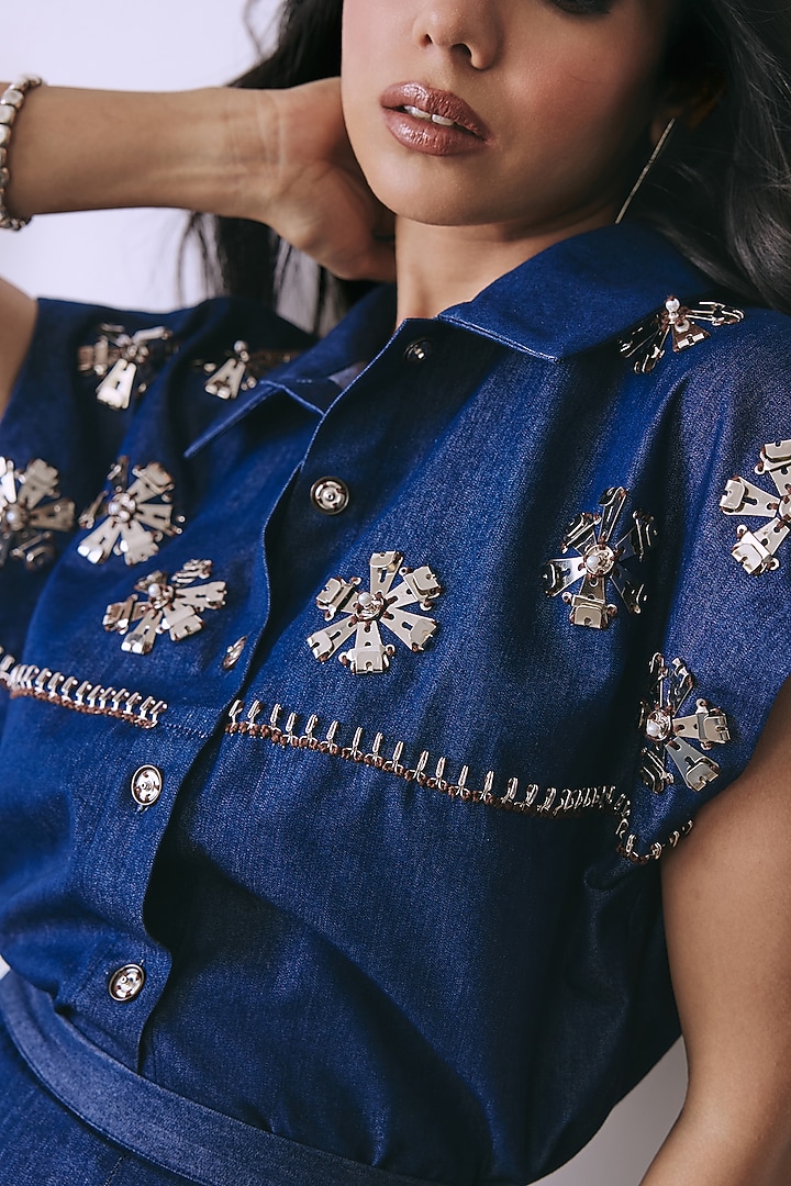 Deep Indigo Denim Embellished Skirt Set by Babita Malkani at Pernia's Pop Up Shop