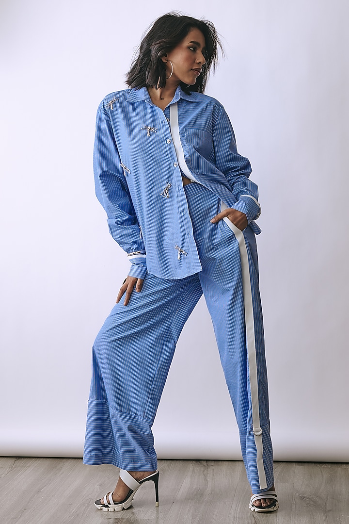 Blue & White Cotton Embellished Co-Ord Set by Babita Malkani at Pernia's Pop Up Shop