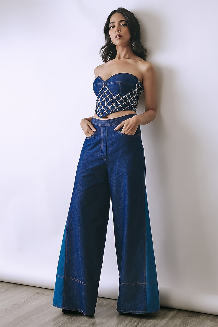 Deep Indigo Denim Embellished Co-Ord Set by Babita Malkani at Pernia's Pop Up Shop