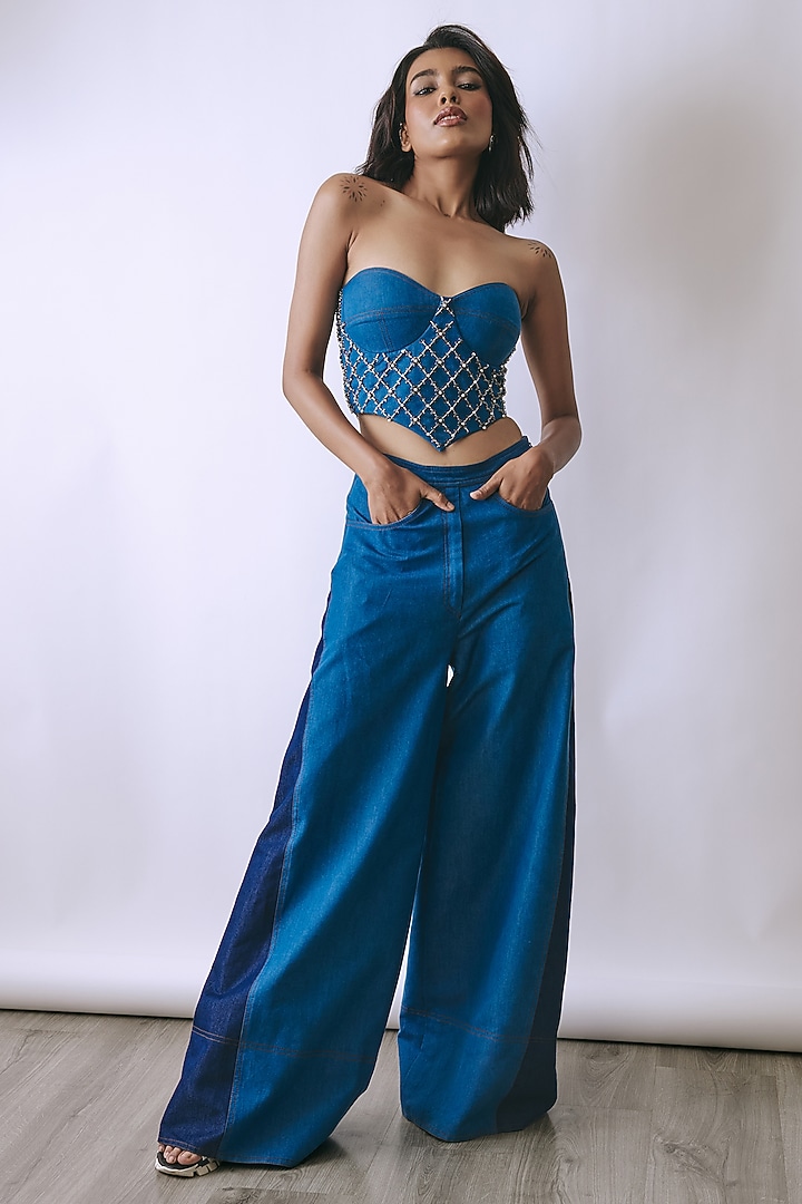 Riviera Blue Denim Embellished Co-Ord Set by Babita Malkani at Pernia's Pop Up Shop
