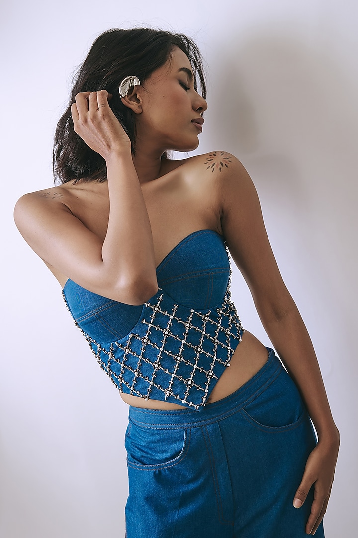 Riviera Blue Denim Embellished Co-Ord Set by Babita Malkani at Pernia's Pop Up Shop