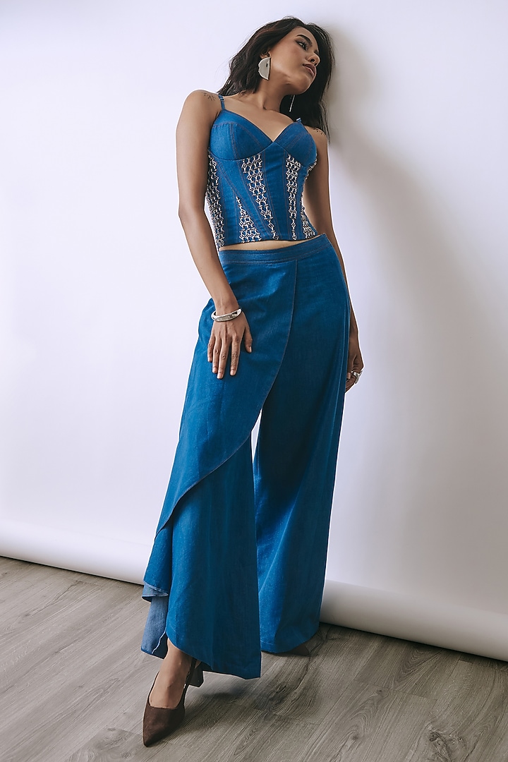 Riviera Blue Denim Embellished Co-Ord Set by Babita Malkani at Pernia's Pop Up Shop