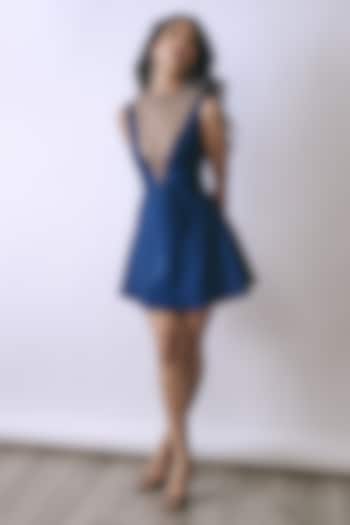 Deep Indigo Denim Metallic Embellished Flared Mini Vacation Dress by Babita Malkani at Pernia's Pop Up Shop