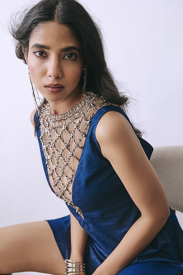 Deep Indigo Denim Metallic Embellished Flared Mini Vacation Dress by Babita Malkani at Pernia's Pop Up Shop