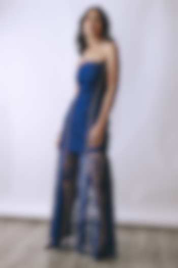 Deep Indigo Denim Embellished Mini Vacation Dress With Lace Skirt Set by Babita Malkani at Pernia's Pop Up Shop
