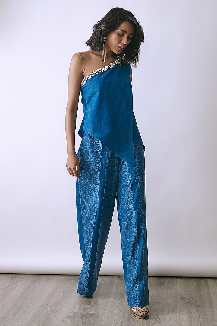 Riviera Blue Denim Embellished Co-Ord Set by Babita Malkani at Pernia's Pop Up Shop