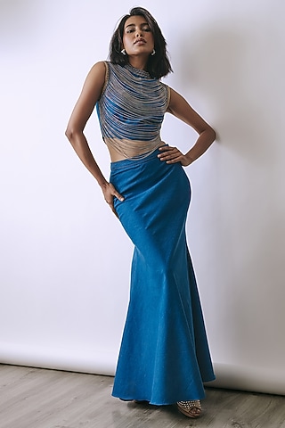 Riviera Blue Denim Skirt Set by Babita Malkani