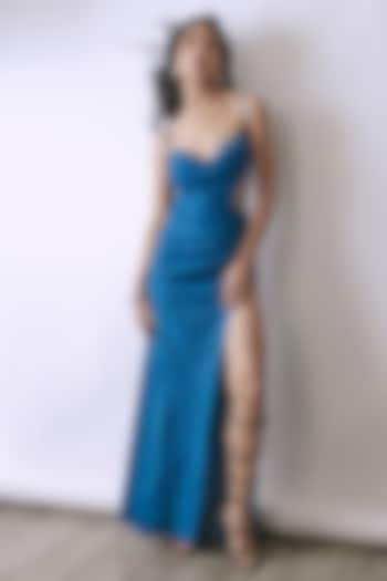Riviera Blue Denim Metallic Ring Embellished Cut-Out Party Wear Gown by Babita Malkani at Pernia's Pop Up Shop