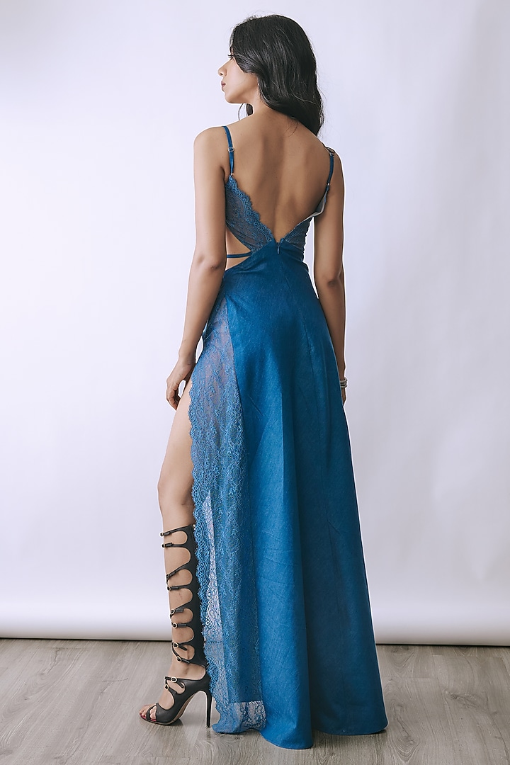 Riviera Blue Denim Metallic Ring Embellished Cut-Out Party Wear Gown by Babita Malkani at Pernia's Pop Up Shop