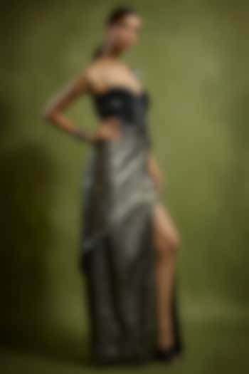 Black & Gold Textured Foil Crystal & Sequins Work Drape Engagement Gown by Babita Malkani at Pernia's Pop Up Shop
