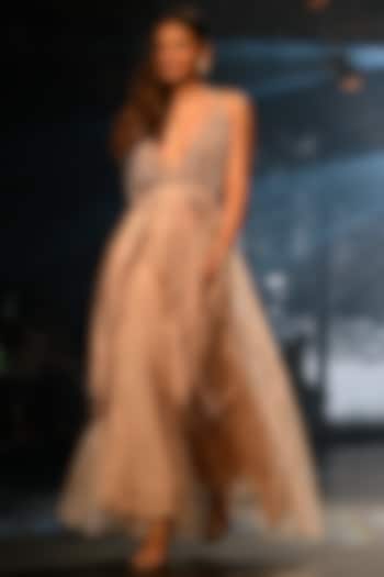 Taupe Tulle Pearl Strings Flared Jumpsuit by Babita Malkani at Pernia's Pop Up Shop