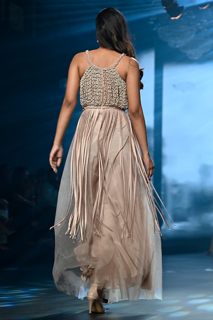 Taupe Tulle Pearl Strings Flared Jumpsuit by Babita Malkani at Pernia's Pop Up Shop