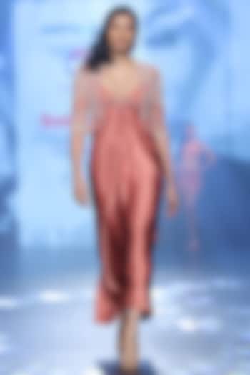 Nectarine Satin Cut-Out Party Wear Dress With Tasseled Jacket by Babita Malkani at Pernia's Pop Up Shop