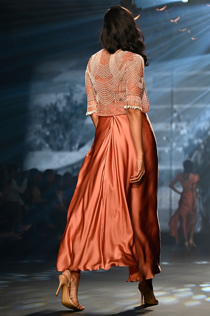 Nectarine Satin Cut-Out Party Wear Dress With Tasseled Jacket by Babita Malkani at Pernia's Pop Up Shop