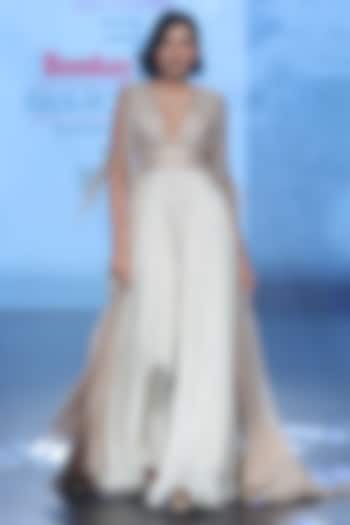 Ivory & Taupe Chiffon Layered Engagement Gown by Babita Malkani at Pernia's Pop Up Shop