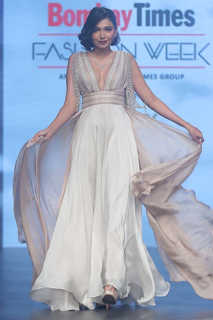 Ivory & Taupe Chiffon Layered Engagement Gown by Babita Malkani at Pernia's Pop Up Shop