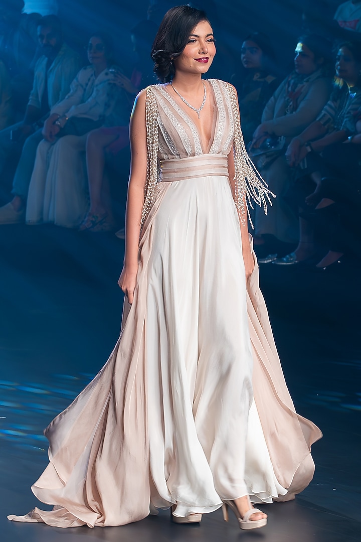 Ivory & Taupe Chiffon Layered Engagement Gown by Babita Malkani at Pernia's Pop Up Shop