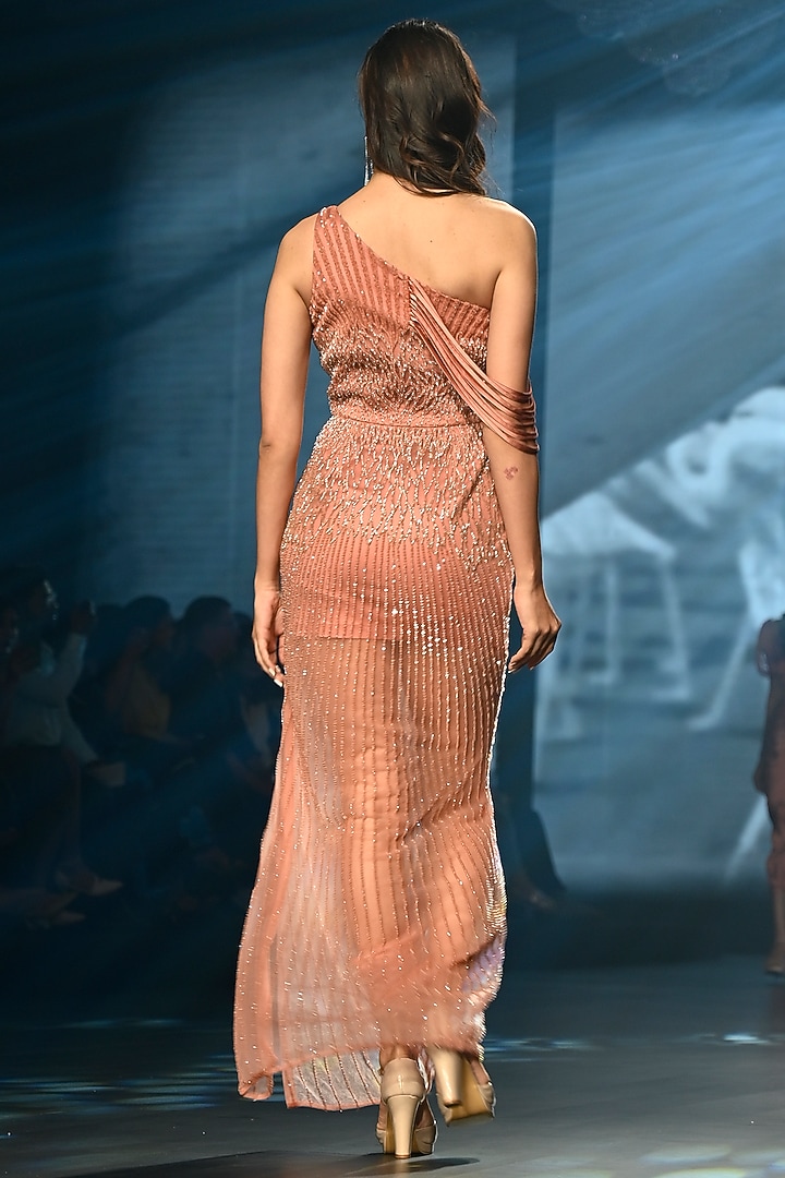 Nectarine Tulle Crystal Hand Embroidered One-Shoulder Wedding Gown by Babita Malkani at Pernia's Pop Up Shop