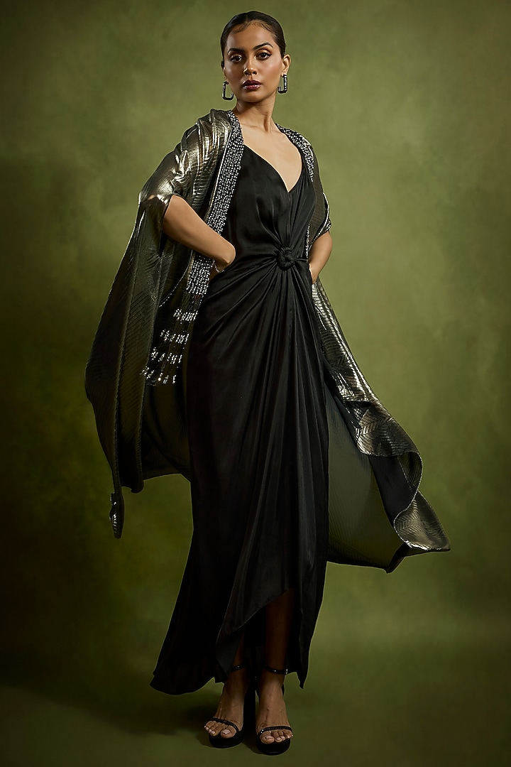 Muted Mauve Satin Asymmetric Draped Cocktail Dress With Jacket by Babita Malkani at Pernia's Pop Up Shop