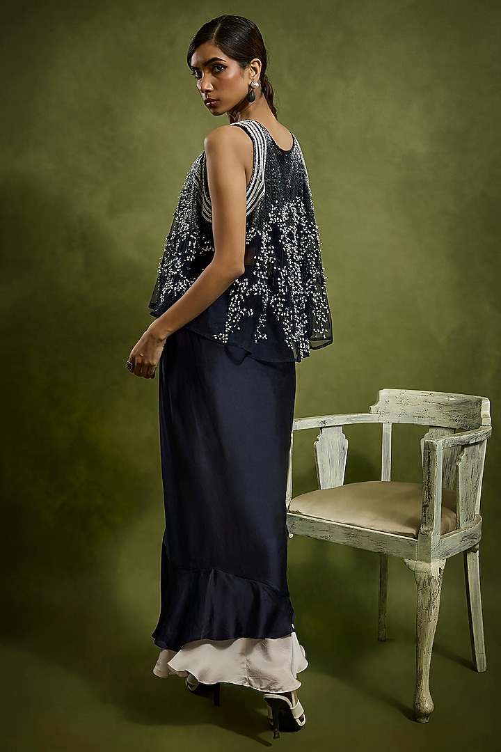 Navy Blue Satin Draped Skirt Set by Babita Malkani at Pernia's Pop Up Shop