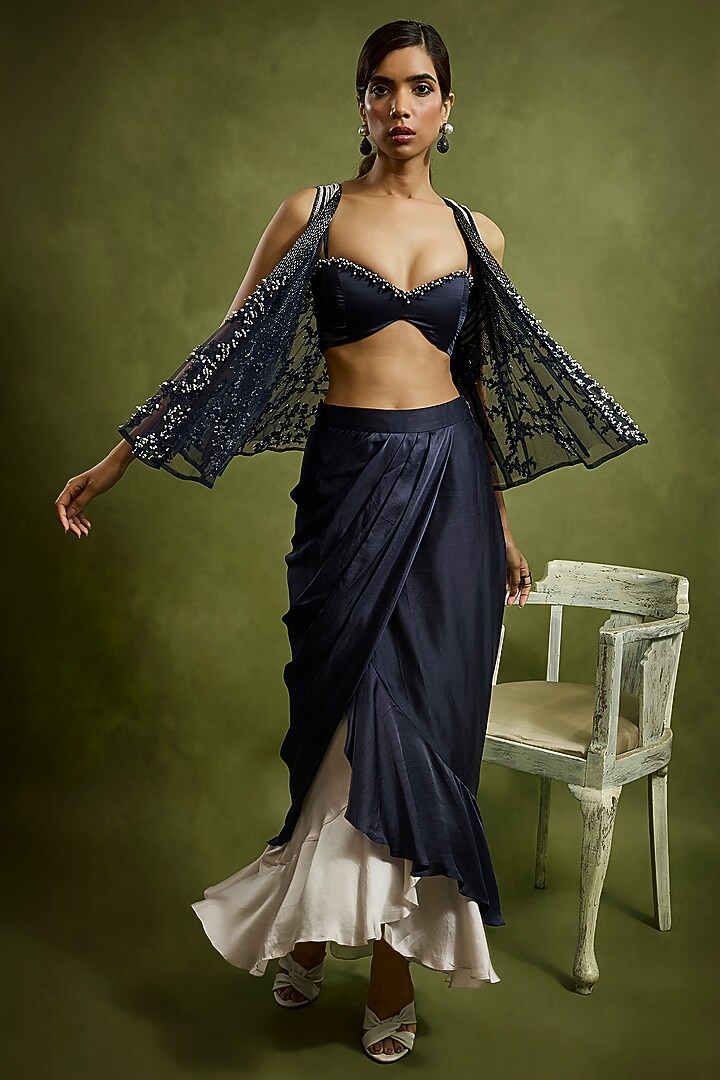 Navy Blue Satin Draped Skirt Set by Babita Malkani at Pernia's Pop Up Shop