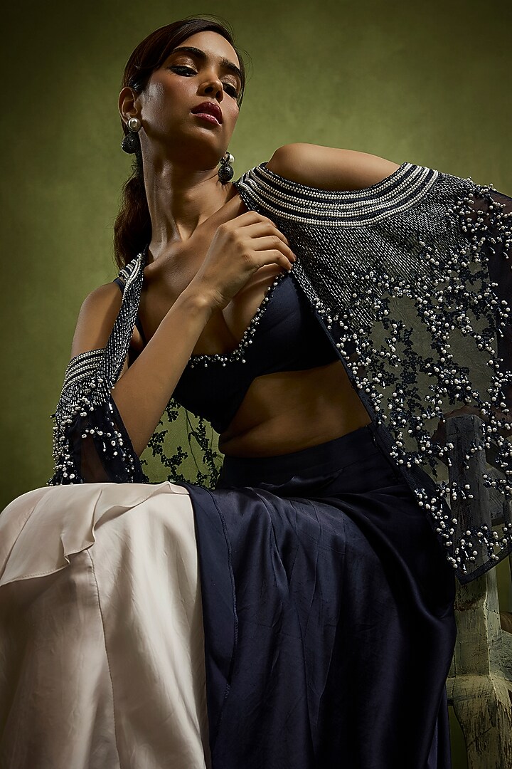 Navy Blue Satin Draped Skirt Set by Babita Malkani at Pernia's Pop Up Shop
