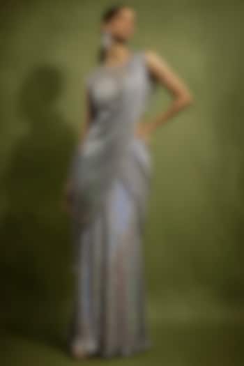 Silver Metallic Holographic Georgette Draped Wedding Saree Set by Babita Malkani at Pernia's Pop Up Shop