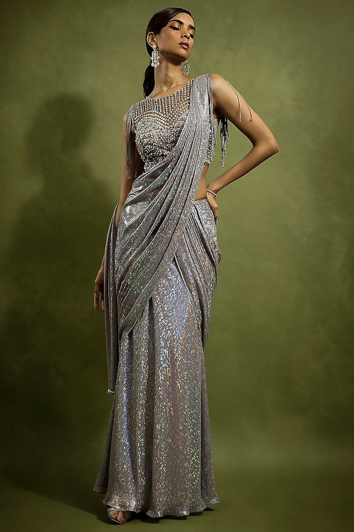 Silver Metallic Holographic Georgette Draped Wedding Saree Set by Babita Malkani at Pernia's Pop Up Shop