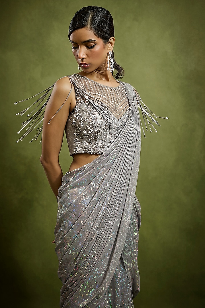 Silver Metallic Holographic Georgette Draped Wedding Saree Set by Babita Malkani at Pernia's Pop Up Shop