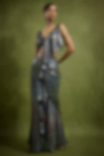 Black Holographic Georgette Ruffed Draped Wedding Saree Set by Babita Malkani at Pernia's Pop Up Shop