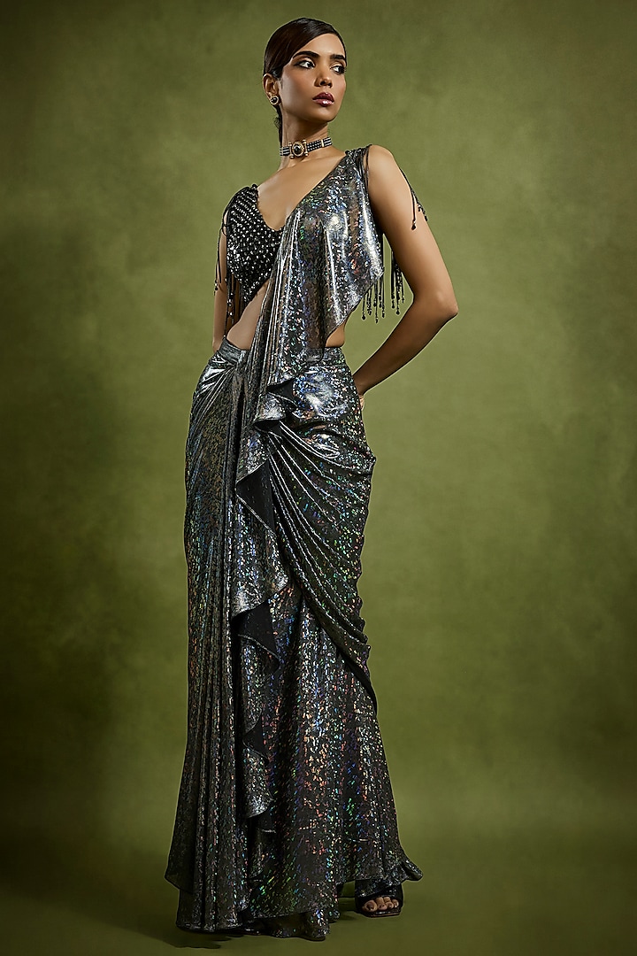 Black Holographic Georgette Ruffed Draped Wedding Saree Set by Babita Malkani at Pernia's Pop Up Shop