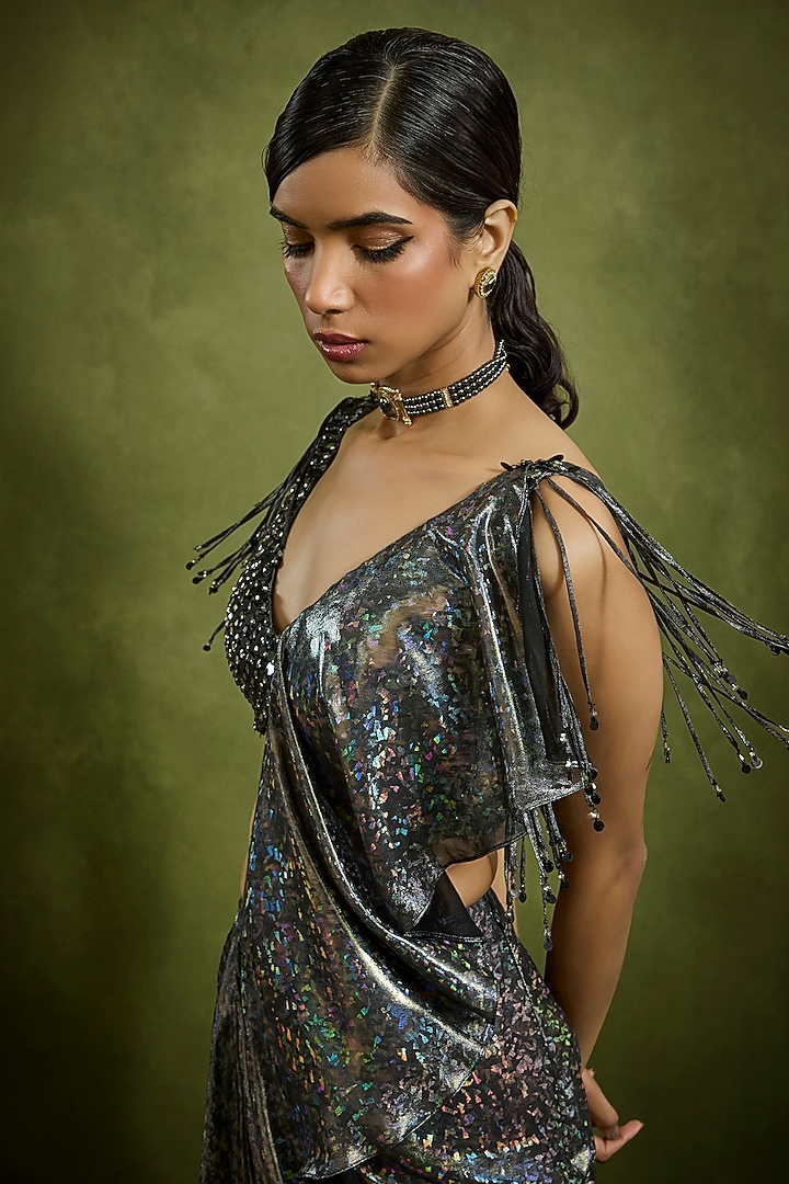 Black Holographic Georgette Ruffed Draped Wedding Saree Set by Babita Malkani at Pernia's Pop Up Shop