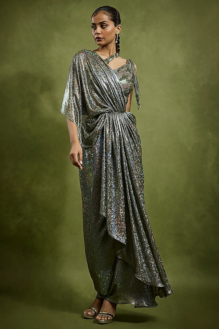 Green Holographic Georgette Layered Draped Wedding Saree Set by Babita Malkani at Pernia's Pop Up Shop