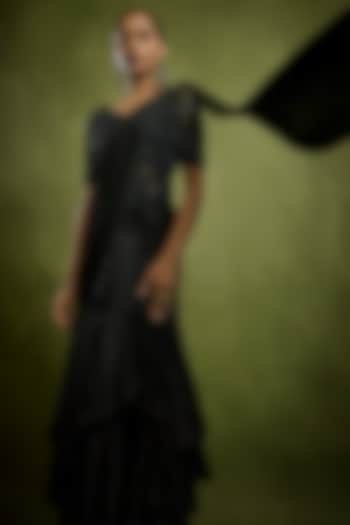 Black Satin Draped Wedding Saree Set by Babita Malkani at Pernia's Pop Up Shop