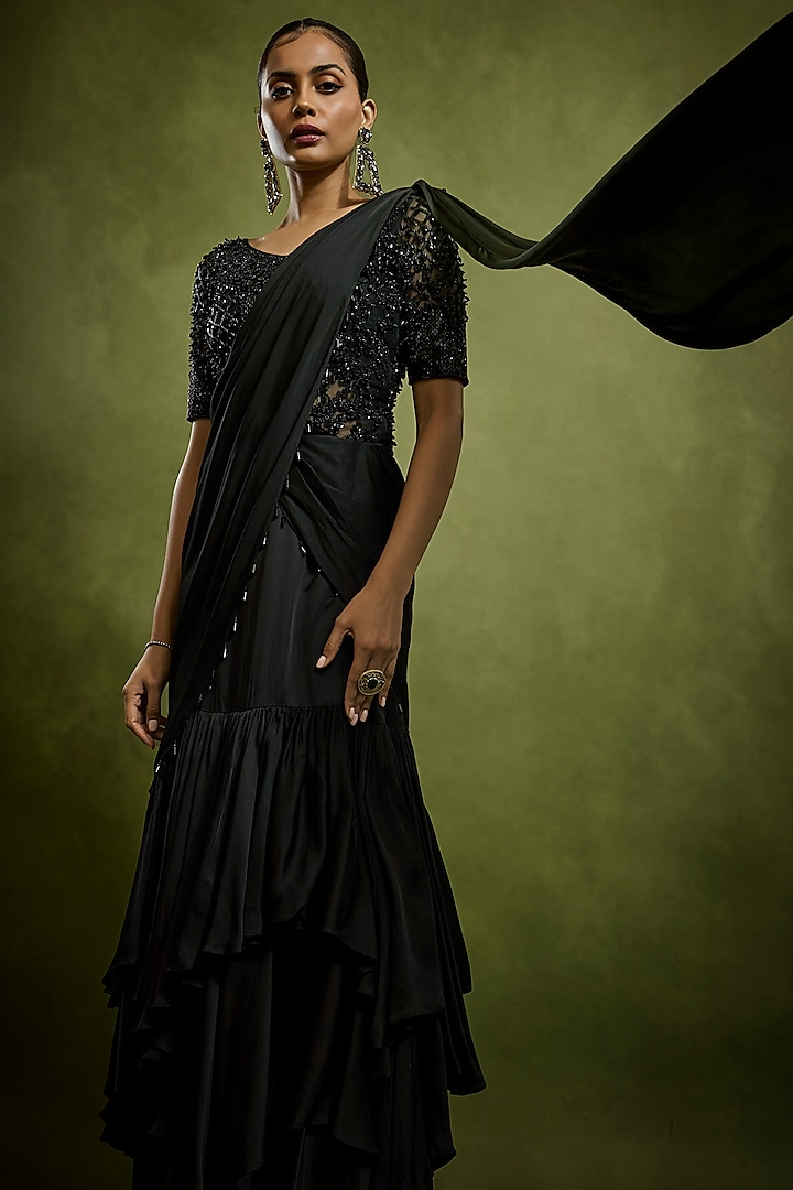 Black Satin Draped Wedding Saree Set by Babita Malkani at Pernia's Pop Up Shop