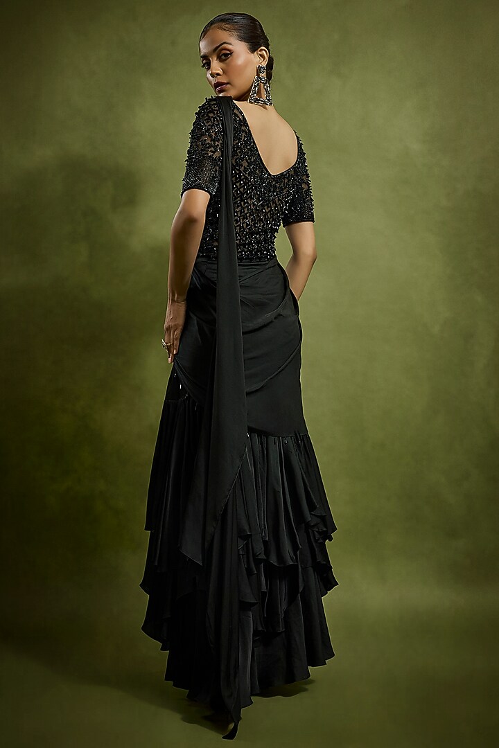 Black Satin Draped Wedding Saree Set by Babita Malkani at Pernia's Pop Up Shop