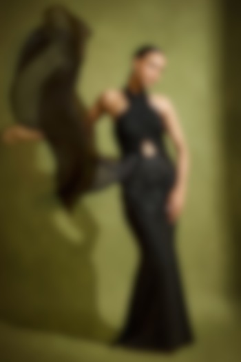 Black Tulle Bead Embroidered Cut-Out Fishtail Wedding Gown by Babita Malkani at Pernia's Pop Up Shop