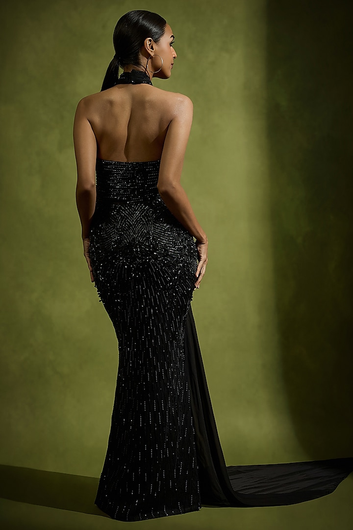 Black Tulle Bead Embroidered Cut-Out Fishtail Wedding Gown by Babita Malkani at Pernia's Pop Up Shop