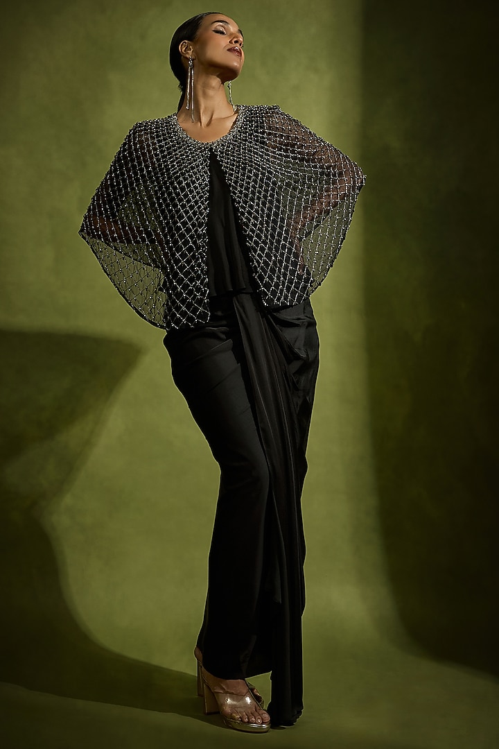 Black Satin Draped Skirt Set by Babita Malkani at Pernia's Pop Up Shop